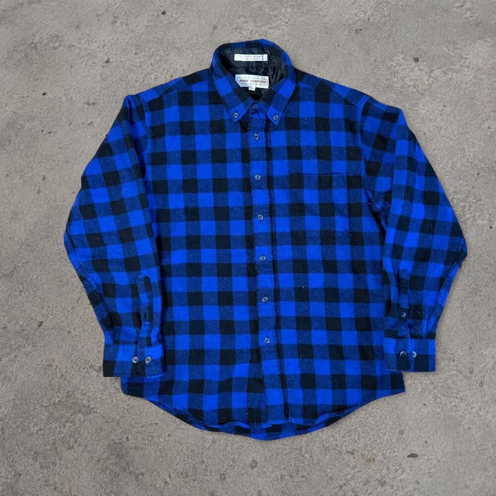 Vintage John Ashford Black & Blue Plaid Flannel Shirt Wool Buffalo Print Size M